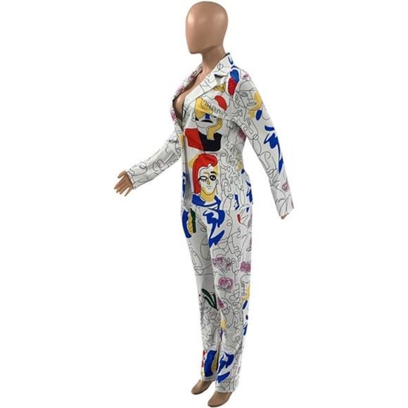 Womens Sexy 2pcs Denim Printed Zipper Jackets Bodycon Pants Party Tracksuit Set - Picture 6 of 7